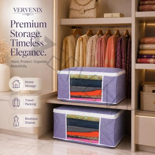 Image of VERVENIX Saree Cover Pack of 12, Large Size, White & Purple Pattern Garment Storage Bags with Zipper & Transparent Window, Dustproof Clothes Cover for Sarees, Suits, Dresses, 46.3 x 36 x 22.5 CM