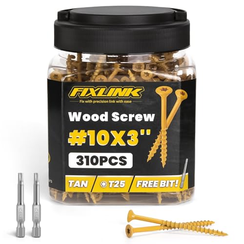 Wood Screws 3 Inch, FIXLINK Deck Screws #10 x 3, 310 PCS, Epoxy Coated, T25 Star Bit Above 1500 Hour Salt Spray Coating Outdoor Decking Screws Excellent Rust Resistant for Outdoor Wood Fence