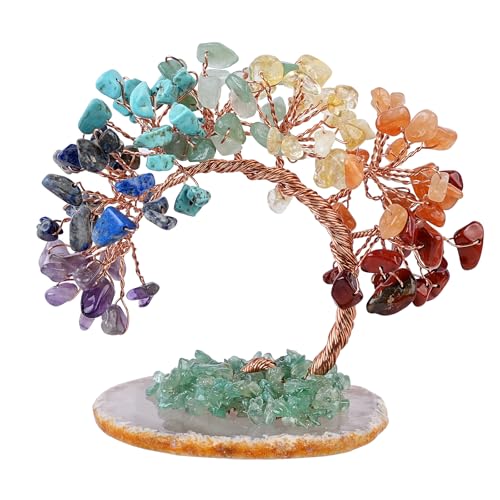 Emivery 7 Chakra Crystal Money Tree with Agate Base Fengshui Bonsai Figurine for Wealth, Money Tree Figurines Ornament for Home Office Wedding Decoration (3-4 Inch)