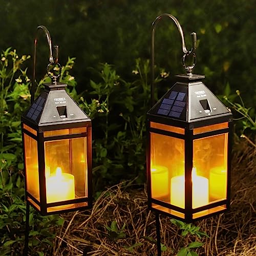 Image of Techko Outdoor Solar Flickering Candle Lantern Vintage Classic Light Design with Handle, Realistic Safe Flameless, Waterproof IP65,Black
