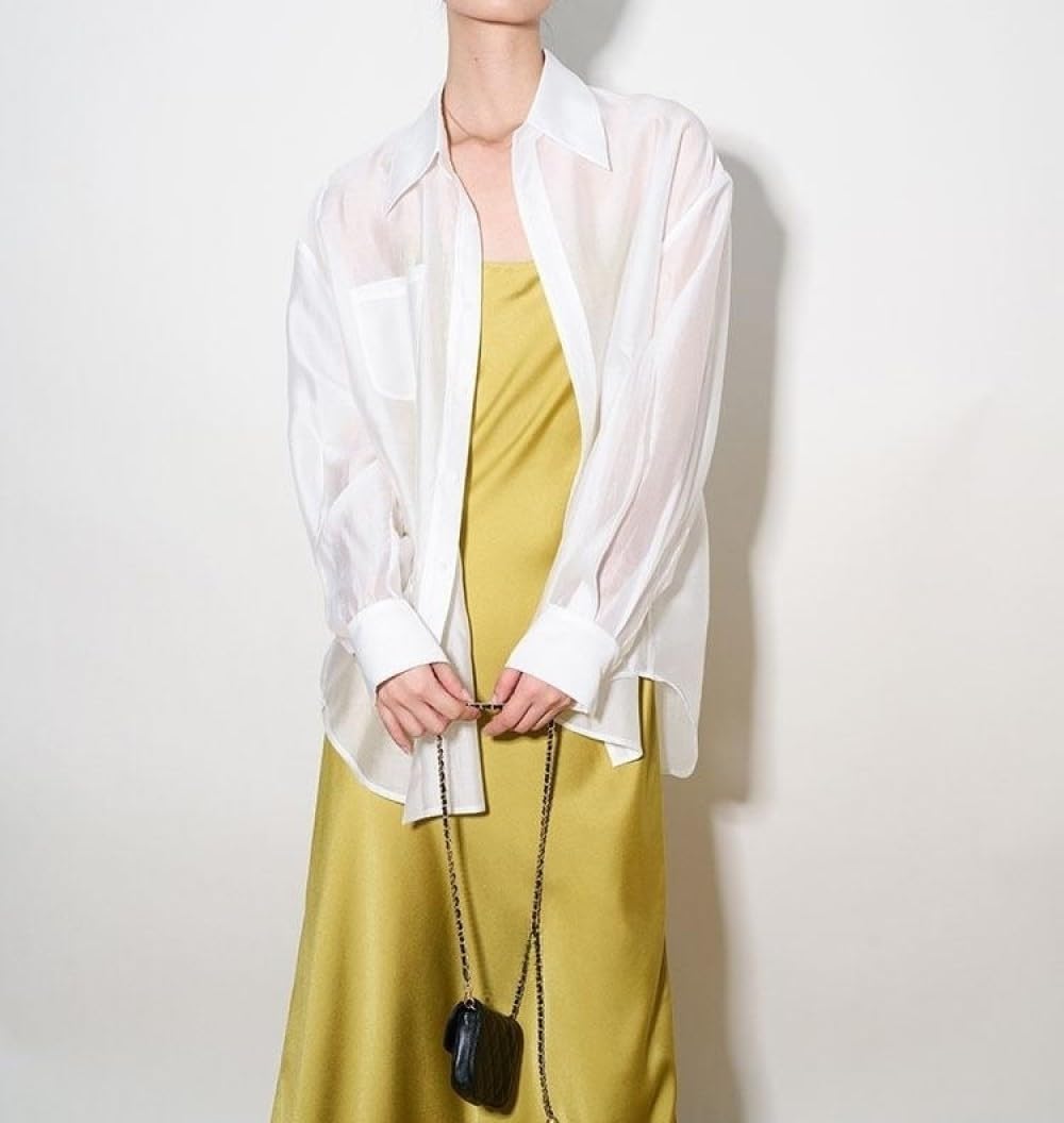 Damen Hemd,Damenbluse, Langärmelige Hemden, Weiß, Leichtes Hemd Mit Reversknöpfen, Durchsichtig, Überzug Mit Tasche, Elegante Strickjacke, Kimono-Arbeitshemd, Leichte Dünne Jacke Für Mädchen