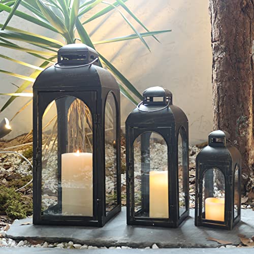 Needomo 3Pack Black Outdoor Lanterns For Front Porch, 25" Large Flameless Candle Holders Decorative For Garden, Metal Frame With Glass, Vintage Farmhouse Patio Decor, Pathway, Balcony, Yard Decor #TOP6