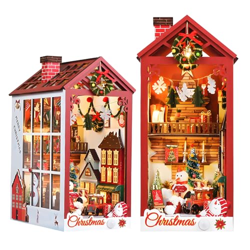 Book Nook Kit Weihnachten Miniatur Haus DIY Miniature House Set 3D Puzzle Buchständer aus Holz Anweisungen für Bücherregal Deko und Kreativen Geschenken