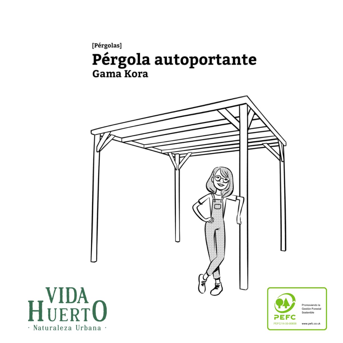 Pergola autoportante en bois gamme Kora de Vidapotager : élégance naturelle pour votre espace extérieur (bois de pin, 240 x 240 x 240 cm)