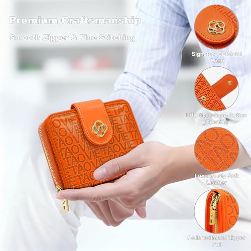 Image of Credit Card Wallets for Women, Leather Cardholder with Zipper Around, Small RFID Ladies Wallet, Accordion Compact Bifold Purse for Travel, 19 Card Slots, ID Window, Cash Organizer - Orange
