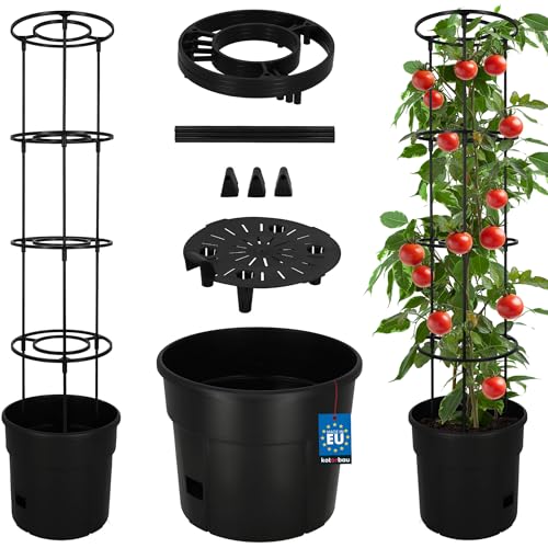 KOTARBAU® Torre de tomate de 110 cm, para tomates, pepinos, verduras, enrejado personalizable, torres de plantas de 30 cm, maceta de plástico negro