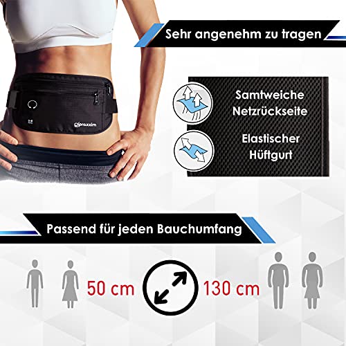 praxxim Bauchtasche für Damen und Herren - EXTRA FLACH - Hüfttasche für Handys bis 7 Zoll - Gürteltasche ideal zum Sport, Reisen und als Lauftasche für Jogging - Bauchtasche schwarz, stylisch