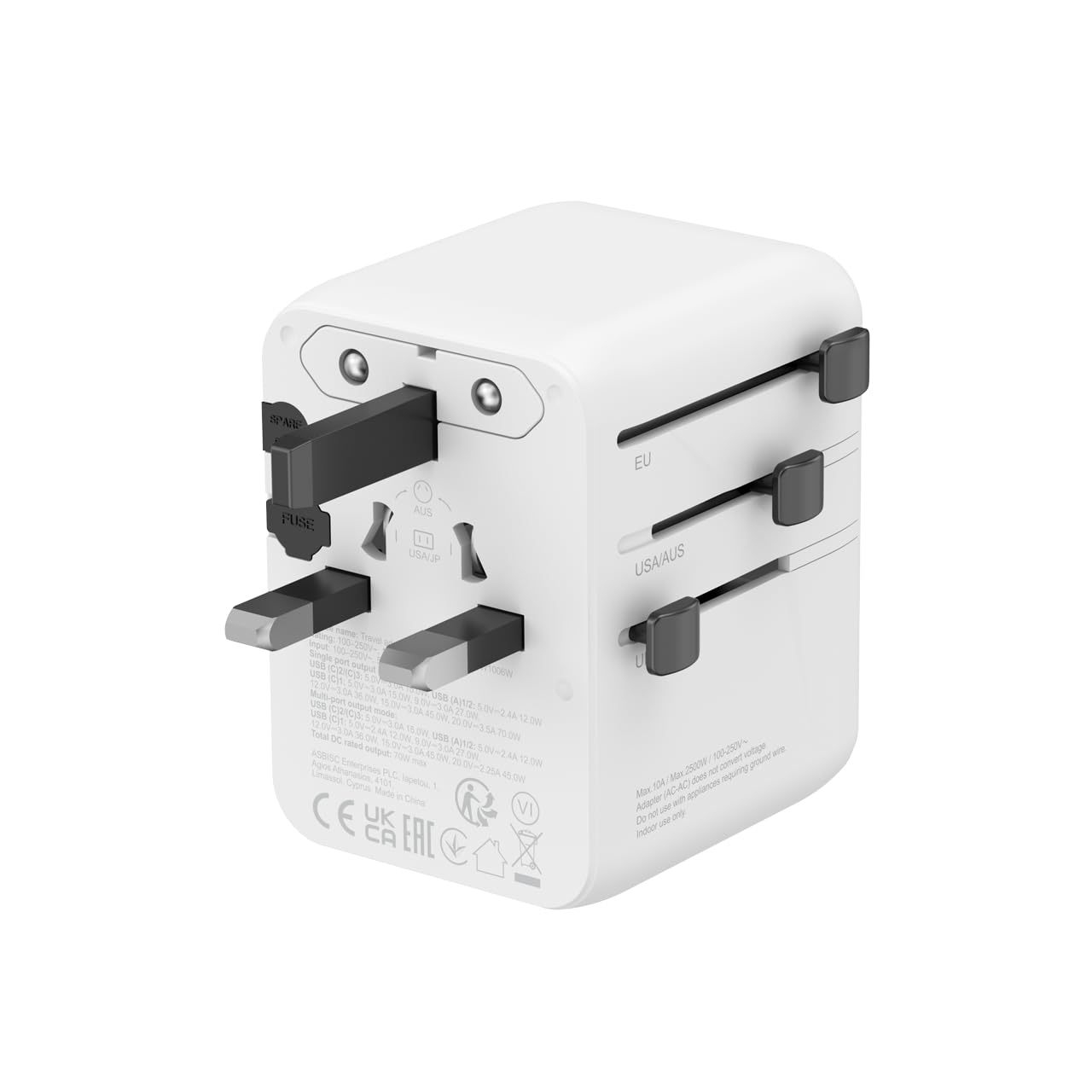 CANYON OnTour 70 uniwersalny adapter podróżny, 70 W GaN ładowarka do szybkiego ładowania, 3 porty USB-C i 2 porty USB-A, adapter wtyczki EU UK US Off do ponad 200 krajów, biały