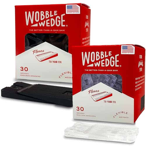 WOBBLE WEDGES Flexible Plastic Shims (2 x 30 Packs) - Made in USA - Multi-Purpose Shim Wedges for Home Improvement & Work - Plastic Wedge Furniture Levelers, Table & Toilet ShimS - Clear & Black