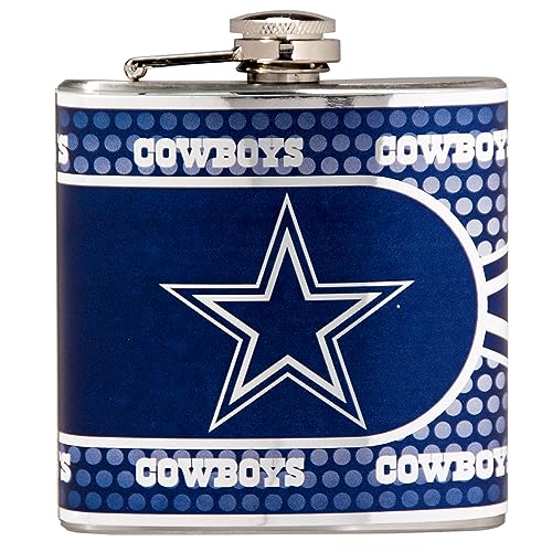 Great American Products NFL Dallas Cowboys Stainless Steel Hip Flask with Metallic Graphics, 6-Ounce, Silver