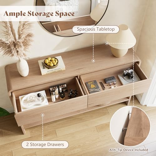 Image of AMERLIFE 45 inch Modern Console Table with 2 Storage Drawers and Open Shelf, Wooden Entryway Table with Curved Edges, Sofa Table Behind Couch for Hallway, Foyer, Entrance, Living Room, Natural Oak
