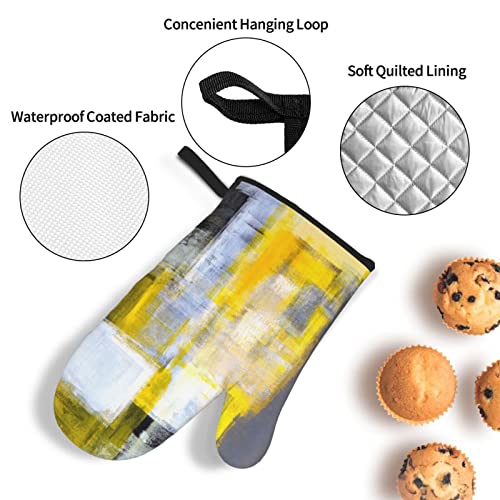 Oven Mitts And Pot Holders Sets Of 4 Gray Yellow Modern Art Abstract High Heat Resistant Oven Mitts With Oven Gloves And Hot Pads Polyester Potholders For Kitchen Grilling Bbq Non-Slip Cooking Mitts #TOP4