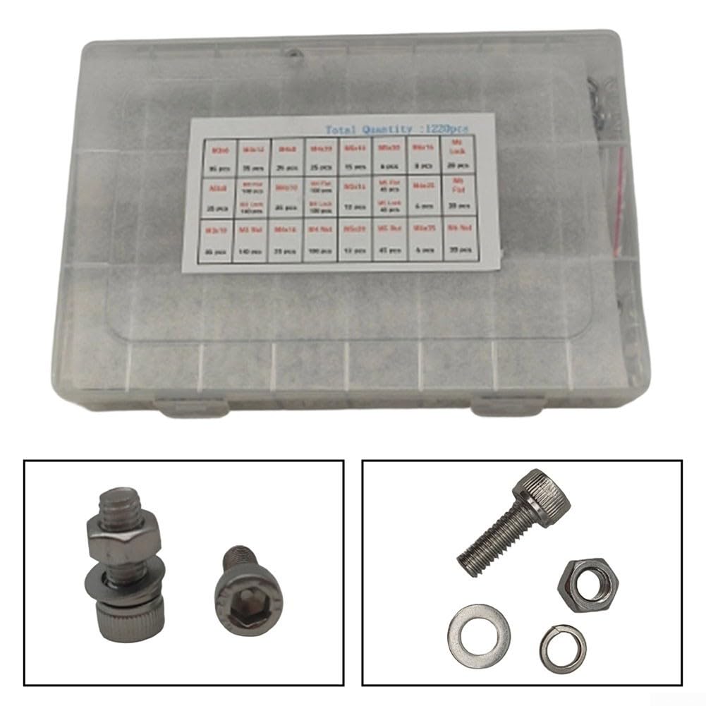 Juego de tornillos Allen de acero inoxidable 304 de 1220 piezas con tuercas y arandelas, A2-70, tornillos cilíndricos hexagonales, caja surtida para impresión 3D, bricolaje, montaje y reparación de