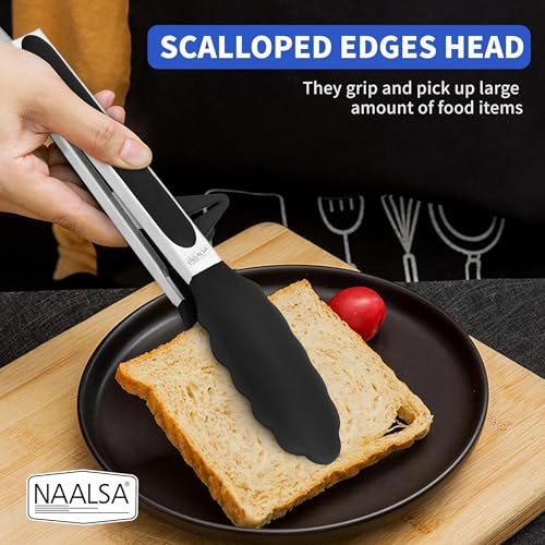 Image of NAALSA FLEXITONG Silicone Food Tongs for Kitchen, Barbeque and Serving - 9 inch - 1 Year Warranty - FDA Approved Silicone, 315C Heat-Resistant, Salad Tong, Serving Tong, BBQ Tong - Black