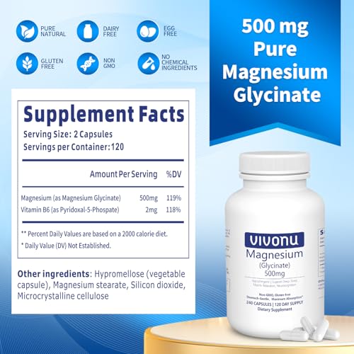 Image of VivoNu 3 Bottle - Magnesium Glycinate 500mg, Magnesium Supplement with Vitamin B6 for High Absorption
