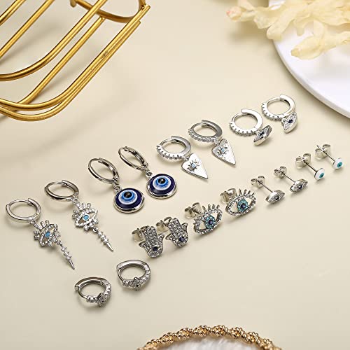 Sanfenly 9 Pairs Evil Eye Earrings for Women 14k Silver Gold Plated Evil Eye Huggie Hoop Dangle Earrings and Stud Earrings Set Dainty White Blue Cubic Zircon Eye Earrings2