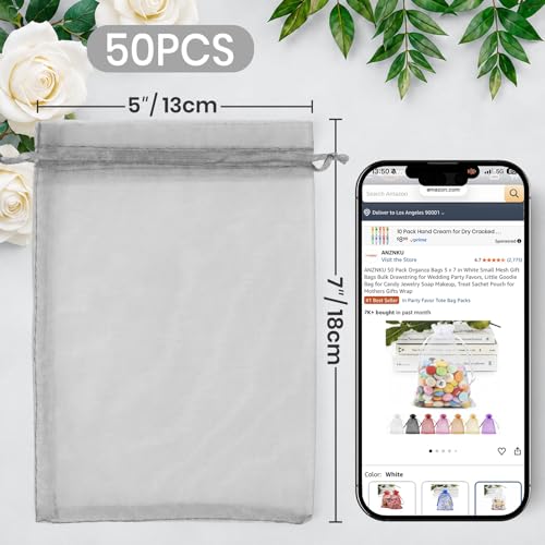 Image of ANZNKU 50 Pack Gray Organza Bags 5x7 In, Small Mesh Gift Bags Bulk with Drawstring for Jewelry Candy Sachet Soap, Goodie Pouches for Wedding Baby Bridal Shower & Birthday Party Favors