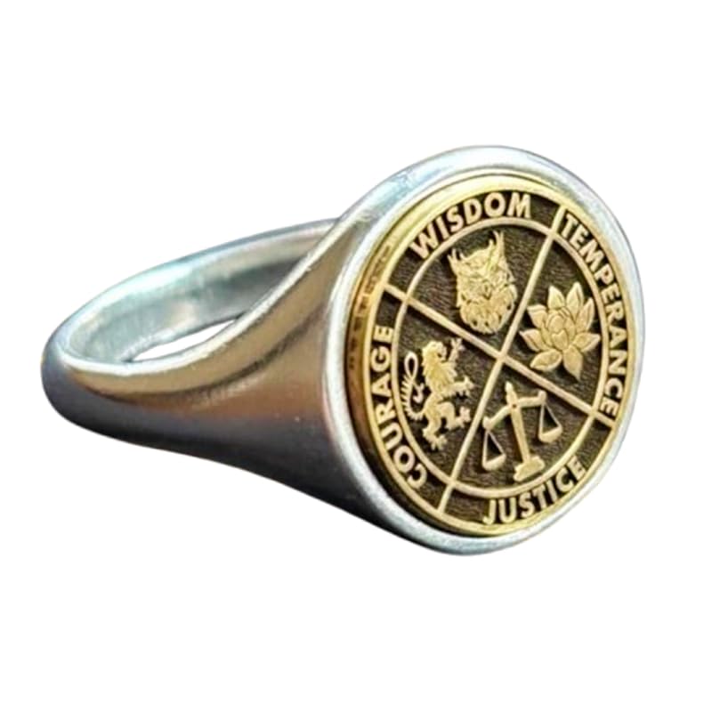 the cardinal virtues ring| stoic compass signet justice pinky wisdom jewelry| temperance ring men| courage jewelry gift| silver plated brass,(Choose Your Size US 5-12.5) |KB_BR_00770