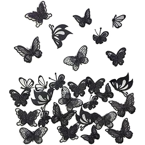 32 Pcs Black Lace Butterfly Applique Embroidery,Organza Butterfly Patches Appliques for Clothes,for Wedding Bridal Dress Craft DIY Clothes Hair Ornaments Dress/Hat/Bag Decoration Cover