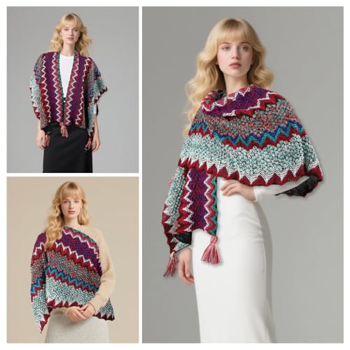Image of SANNIDHI Shawl for Women Winter Summer, Hand-Knitted Cardigan Shawls for Women, Fashion Ladies Sweater Wrap Poncho Cape with Fringe for All Seasons, Multi Use Beach Cover Up (140x110cm)