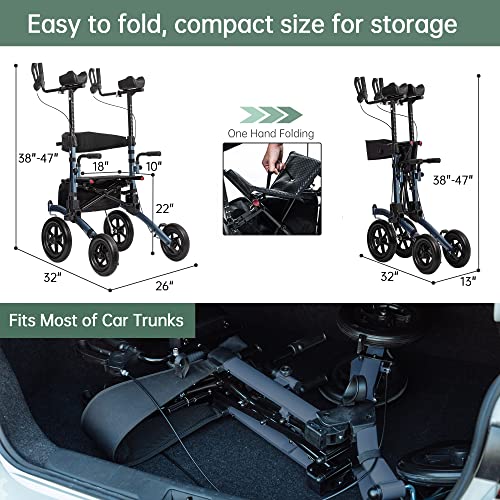 Beyour Walker All-Terrain Upright Rollator Walker, Stand Up Rolling Walker With Non-Pneumatic Tire 12” Front Wheels, Compact Folding For Seniors, Blue #TOP5