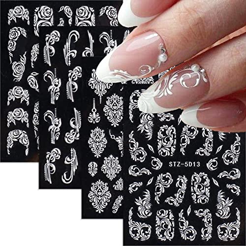 White Flower Nail Art Stickers Decals 5D Hollow Nail Stickers White Lace Rose Wedding Pattern Nail Art Supplies Self-Adhesive Luxurious Nail Art Decoration Acrylic Engraved Flower Nail Decal for Women Nail Accessories 4 Sheet