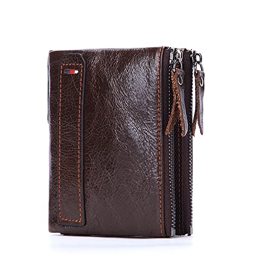 Leather Wallet RFID Blocking Vintage Dual Zipper Pockets Storage Bag Retro Charm Cowhide Travel Wallet for Women Men (Dark Brown)