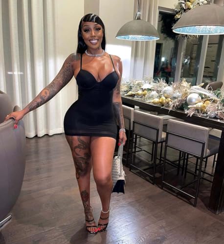 Image of Women's Spaghetti Strap Bodycon Mini Dress Sexy Deep V Neck Sleeveless Club Party Short Dresses