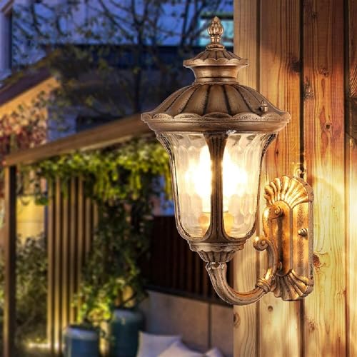 Retro Patio LED E27 Lámparas de pared al aire libre Vidrio de aluminio Apliques de pared impermeables exteriores únicos(Bronze)
