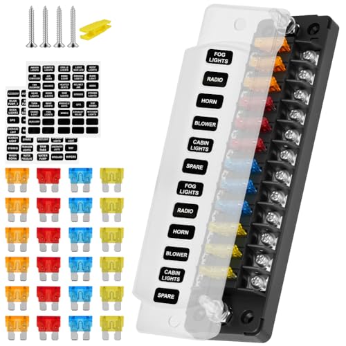Flintronic 12 Way Fuse Box 12V Blade Fuse Block with Negative Bus ATC/ATO fuse-Box Holder Protection Cover and 24 Fuses for Car Boat Marine Truck RV SUV Van (Rectangle)