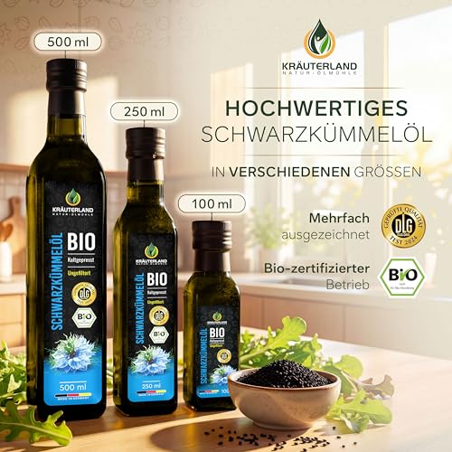 Kräuterland Schwarzkümmelöl Bio 500ml, kaltgepresst & ungefiltert, hoher Thymochinon‑Anteil, ägyptische Samen, mühlenfrisch, 1. Pressung, 100 % Nigella sativa, naturrein, lichtgeschützten Glas