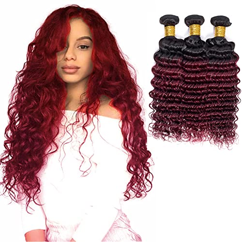 Ombre Bundles Burgundy Hair Bundles Human Hair Brazilian Virgin Hair Extension Wet And Wavy 3 Bundles Burgundy Ombre Hair Extensions 1b/99j Hair Bundles 18 20 22 Inch