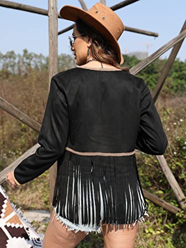 MakeMeChic Women's Faux Suede Tassel Jacket Button Down Fringe Jacket Outerwear2