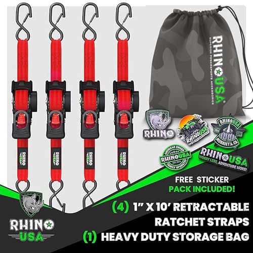 Image of Rhino USA Retractable Ratchet Straps (4-Pack) - 1 Inch x 10 Feet (1,209lb Break Strength) - Auto Self Retracting Tie Down Straps for Truck, Cargo Trailer, Motorcycle, ATV, UTV - Red