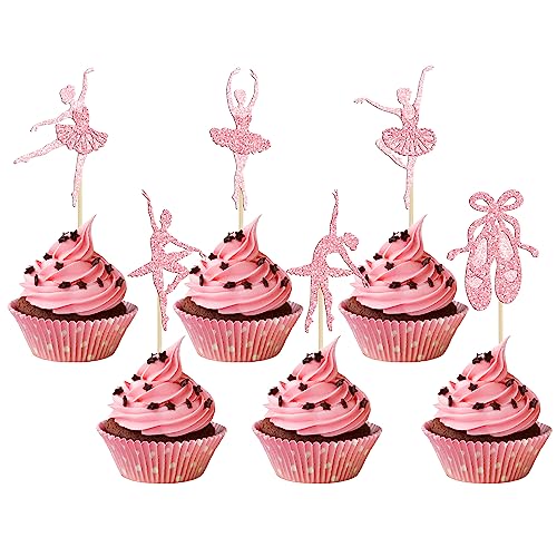 Gyufise 24Pcs Ballerina Tutu Cupcake Toppers Pink Glitter Ballet Girl Cupcake Toppers Ballet Slipper Cupcake Picks for Ballerina Theme Baby Shower Birthday Party Cake Decoration Supplies