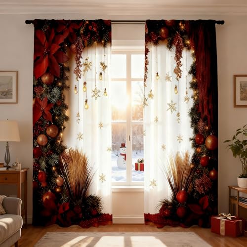 Cortinas navideñas con diseño de bola de Navidad, 2 unidades, impresión plana en 2D, color rojo, con copos de nieve y ramas de abeto para dormitorio, salón y fiesta de Navidad (rojo, 220 x 100 cm)