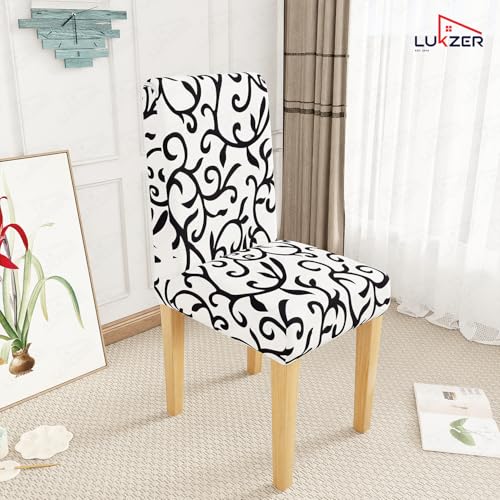 Image of Lukzer 1PC White Design Stretchable Dining Chair Cover | Universal Fit Removable Washable Slipcover | 140 GSM Polyester + Spandex | Elastic Protective Cover for Home & Hotel Chairs Seat Slipcover