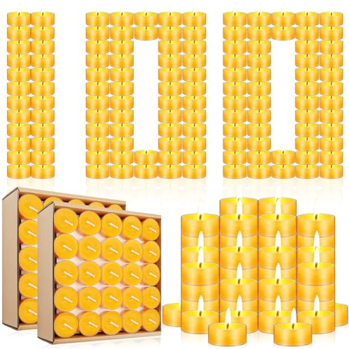 Rossesay 100 Pcs Pure Beeswax Tealight Candles Bulk Tea Light Candle with Clear Cup 2-4 Hour Burn Time Unscented Natural Beeswax Tealights for Centerpiece Table, 0.7 x 1.5 Inch(Round Shape)