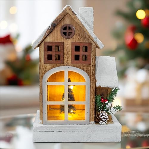 Casetta di Natale a LED in legno con tetto antineve – 29 cm – Casetta luminosa da tavolo finestra decorativa illuminata con decorazione natalizia