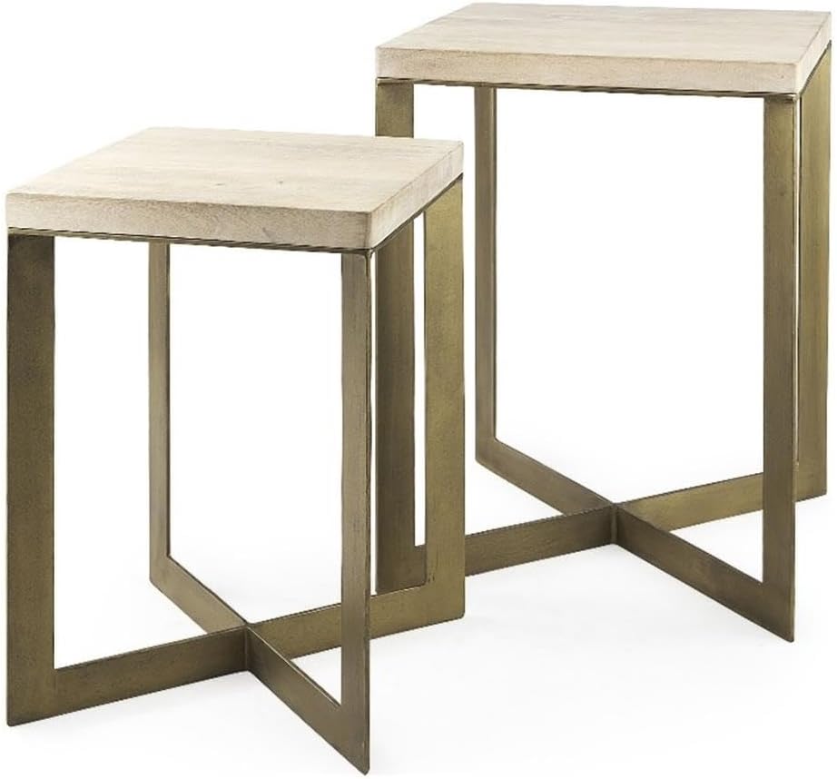 Pemberly Row Set of 2 Nesting Accent Tables, 19" L x 19" W x 26" H, Light Brown Mango Wood Tops with Gold Metal Bases, Washed Finish, Minimalist Design, Versatile Modern Side or End Tables for Living