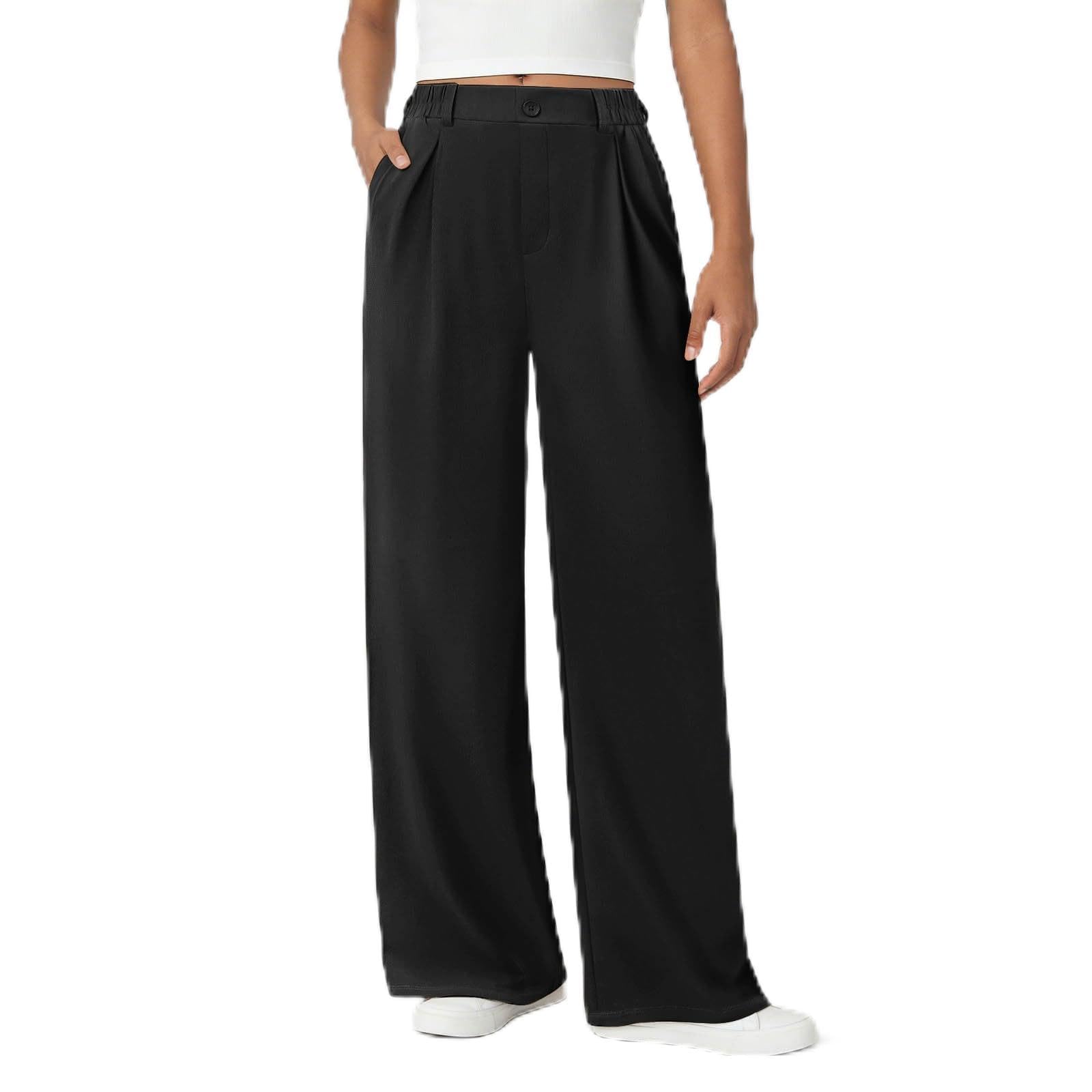 Generico Pantaloni Larghi Donna Estivi Casual - Pantaloni Lino Leggeri Elastico in Vita Elegante Baggy Linen Pants Pantalone da Spiaggia Sportivo Lavoro Vita Alta Pantalone con Coulisse Gamba Larga