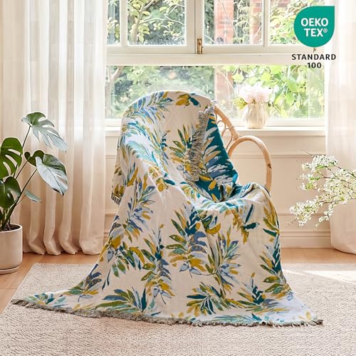 Image of MSGKV Boho Throw Blanket 60 inchx80 inch 100% Cotton Leaves Muslin Blanket for Bed
