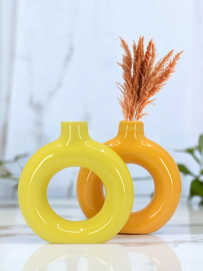 The Decor Lane Artisan Crafted Ceramic Donut Shaped Vase for Pampas Grass | for Unique Home Décor | Ceramic Donut Vase, Flower Vase Pampas Grass Vase (Orange-Yellow, 6 INCHES Pack of 2)-image-12