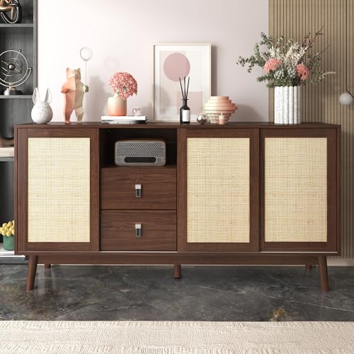 Merax Rattan Sideboard Kommode mit 3 Rattan Schiebetüren und 2 Schubladen, Sideboard Holz Küchenschrank Buffet mit Massivholzfüße, Walnuss/155x38x80cm