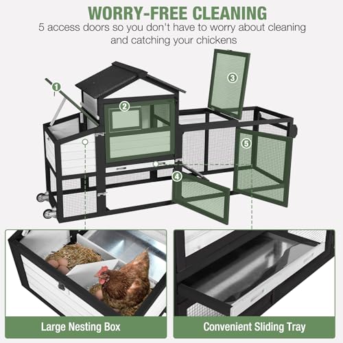 Image of Mobile Chicken Coop with Wheels, Large Outdoor Hen House with Run for 4-6 Chickens, Weatherproof Asphalt Roof, Sectionable Nesting Box & Pull-Out Tray, 82.4 inch L x 25.8 inch W x 44.1 inch H - Black