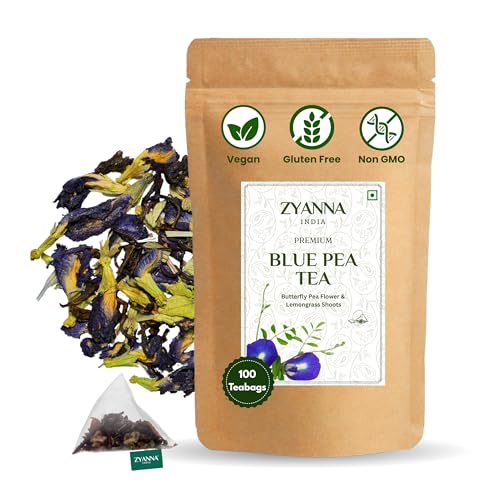 Image of Zyanna Butterfly Pea Flower Tea with Lemongrass - 100 Pyramid Tea Bags | Caffeine-Free Herbal Tea | Vegan & Non-GMO | Natural Color for Cocktails, Mocktails | Brew Hot or Iced