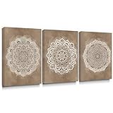 takfot Canvas Wall Art for Bedroom Boho Decor Flower Canvas Paintings Brown and White Mandala Pictures Indian Artwork Prints Yoga Office Living Room Bathroom 12x16 inch, 3 Panels