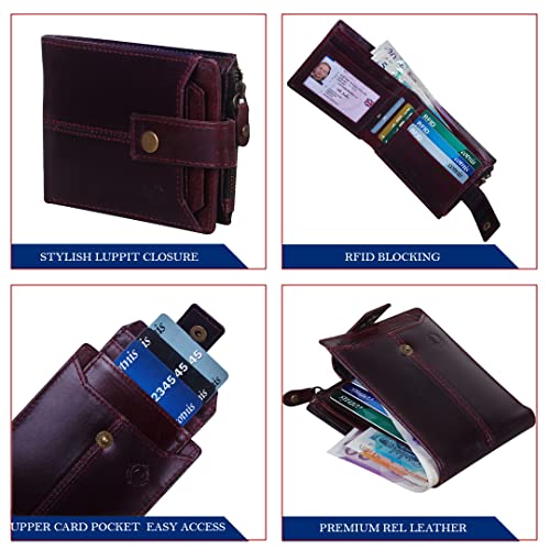 Image of Crafted RFID Safe Leather Wallet for Men /Women, Bifold Trendy, Full Grain with Card Holder and Zipper Coin Pocket