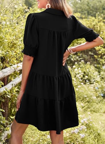 Image of Dokotoo Casual Dresses for Women Lapel Collared V Neck Mid Sleeved Pleated Summer Dresses for Women 2026 Midi Dresses