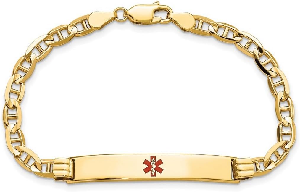 JewelryWeb 6.5mm 14k Solid Yellow Gold Medical Red Enamel Nautical Ship Mariner Anchor Link ID Bracelet Identification Bracelet for Women